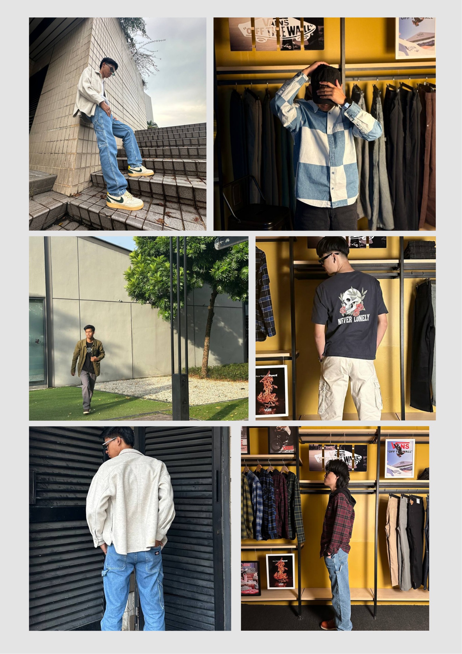 OGS fashion mood board: six lifestyle photos showing men's street and work wear styling in and around the OGS store